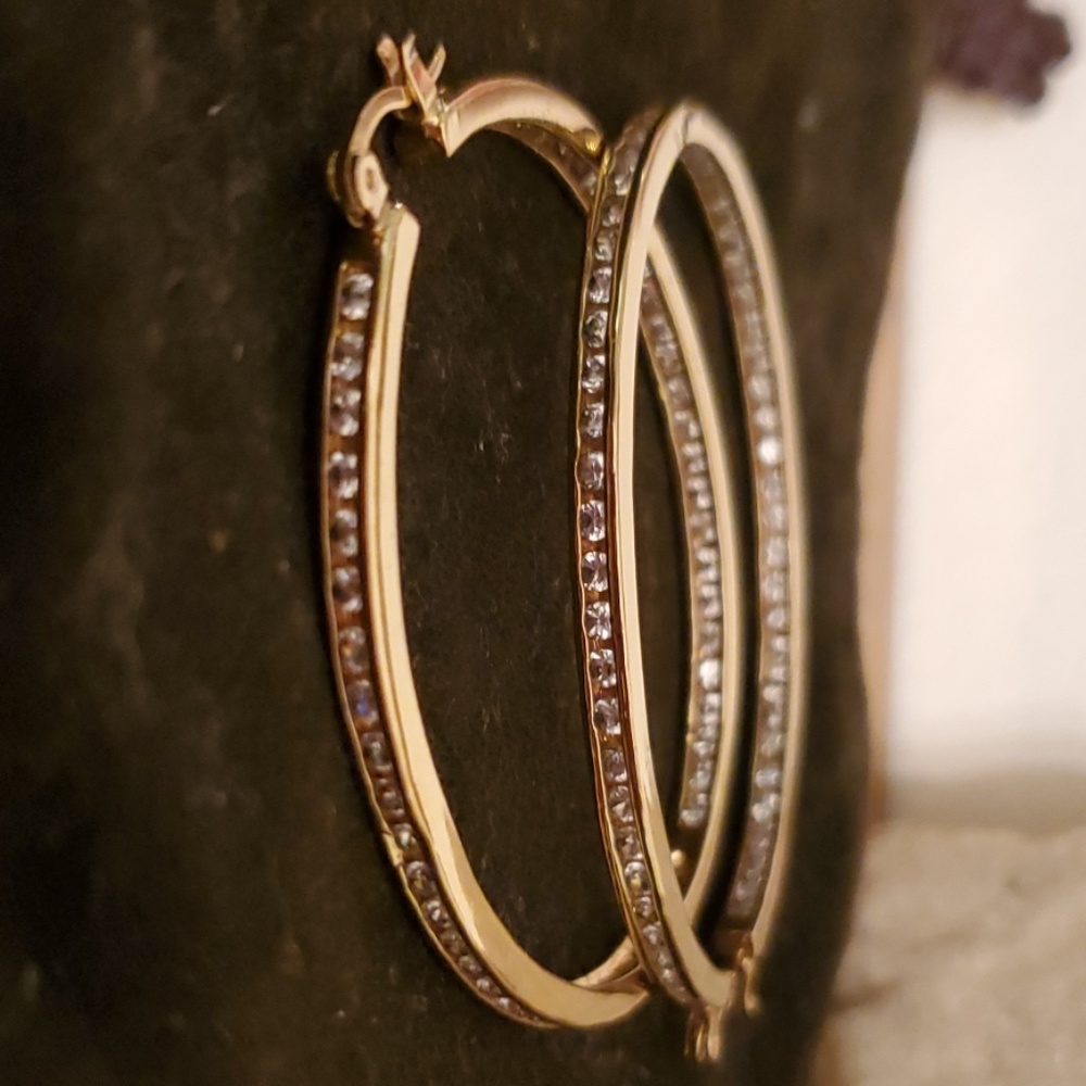Gold plated Oval shaped simulated stone Hoops